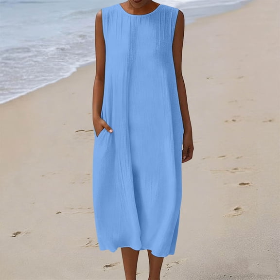 Vmvidoty Women Sleeveless Maxi Dress: Summer Tank Casual Loose Boho Beach Dress Flowy Long Dress Sky Blue 2XL