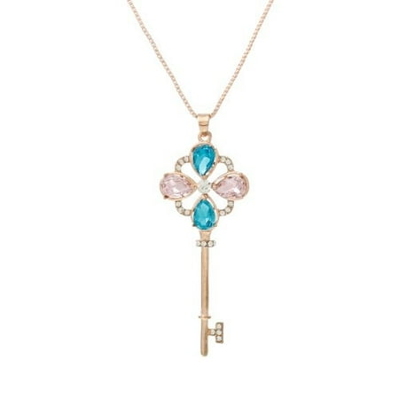 - Snake Chain Pendant Necklace Rose Gold Tone Key with Crystals and Lobster Clasp Extender