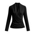 thumbnail image 4 of Bxsruta Women's Long Sleeve Wrap Top V Neck Ruched Blouse Slim Fit Workwear Shirt, 4 of 8