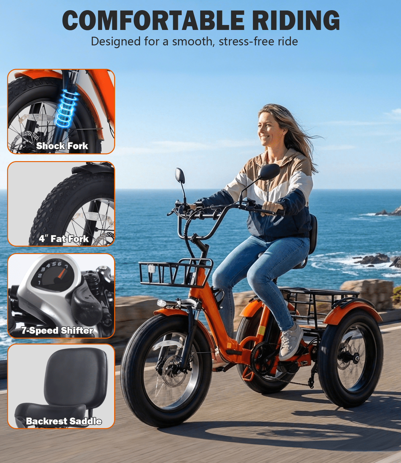 Electric Tricycle for Adult Folding Etrike Adult Electric 3 Wheels Bicycle Peak 1350W Motor Aluminum Frame 48V15.6AH Lithium Battery 20×4.0" Fat Tire & Rear Differential