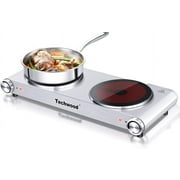 Techwood 1800W Electric Hot Plate, Countertop Stove Double Burner for Cooking, Infrared Ceramic Hot Plates Double Cooktop, Silver, Brushed Stainless Steel Easy To Clean Upgraded Version