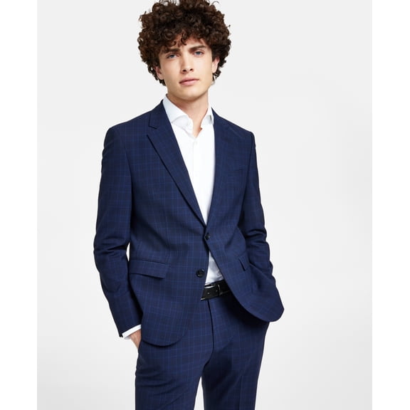 Hugo Boss Mens Modern fit Suit Jacket Blazer 38 R Navy Blue Plaid Stretch Wool