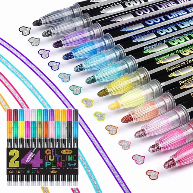 Metallic Glitter Marker Pen Set, 12/24/36 Color Dual-Tip Sparkle Pens for Kids Art Crafts, Doodle Drawing Supplies, Perfect for Christmas Gifts, DIY Projects & Creative Coloring Activities (24 Colors)