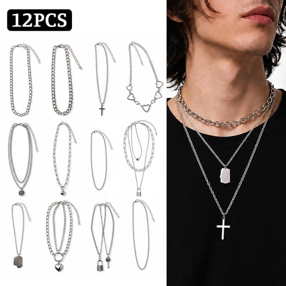 Sterling Silver Necklace Sliver Chain Necklace Men Goth Chains Punk Necklace for Women Long Multi layer Chains