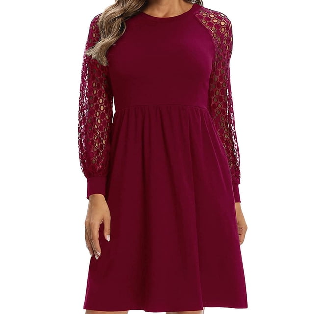 Vestido corto cuello redondo encaje empalme moda elegante mujer vestido casual para cumpleaños vino rojo L