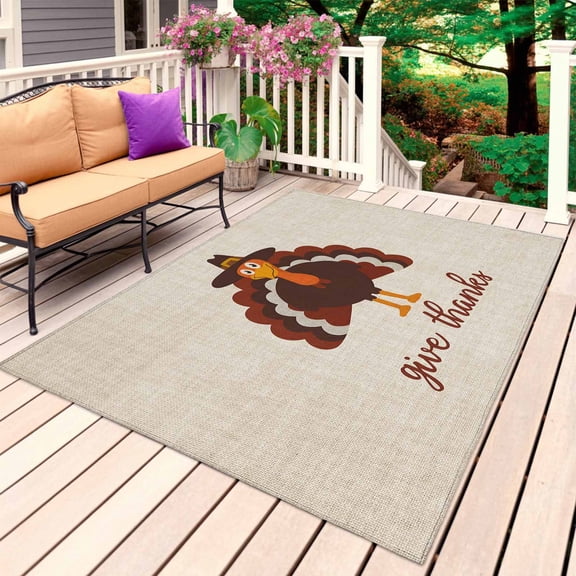 Thanksgiving Turkey Outdoor Rug 4x6 Ft, Non Slip Washable Area Rug, Give Thanks Fall Farmhouse Patio Rugs Carpet Runner, Large Floor Mat for Indoor/Outdoor Deck Porch Camping