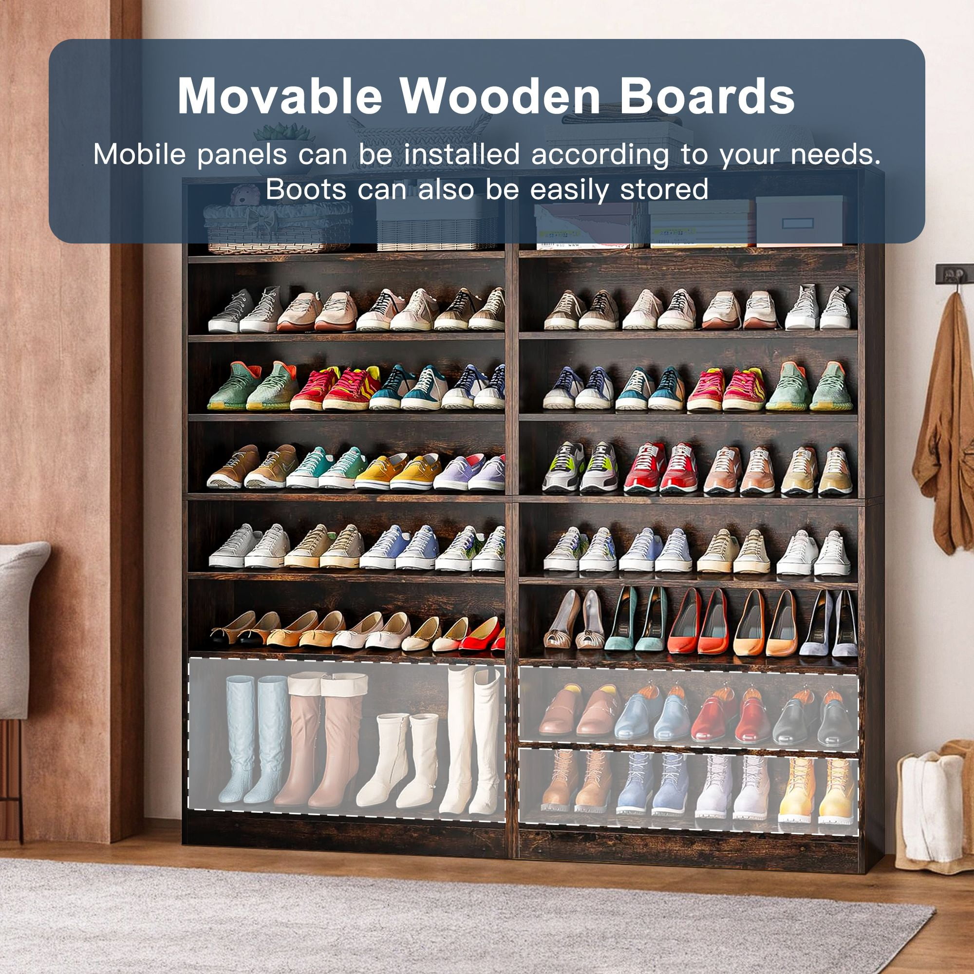 Demi Bonn Wooden Shoe Rack 9-Tier Shoe Storage Organizer Entryway Shoe Shelf, 40-45 Pairs Freestanding Shoe Cabinet, Rustic Brown