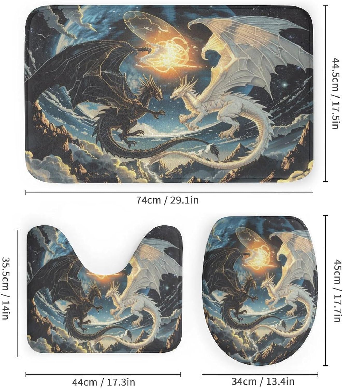 4Pcs Mystical Dragon Shower Curtain Sets, Bathroom Decor Set with Rugs, Bath Mat Retro Mountain Galaxy Fantasy Animal Shower Curtain, 72 X 72 Inch