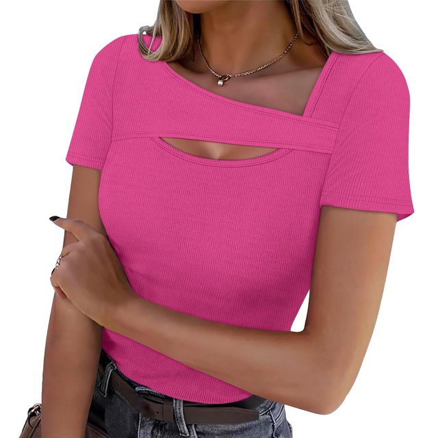 Ovbmpzd Hauts Roses pour Femmes Tendance Manches Courtes Découpes Uni Coupe Ajustée T-Shirt Femmes Camisoles S