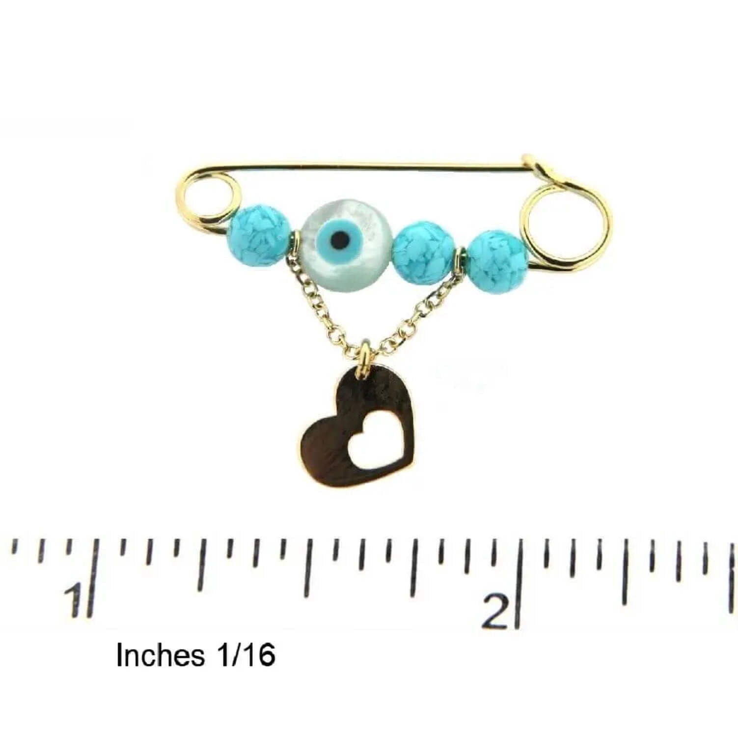 18K Solid Yellow Gold Turquoise Beads, Evil Eye, and Hanging Heart Safety Pin