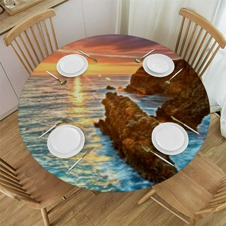 

Tllo0ord Beach View Coastline Round Table Cloth Cover Protector Cloth Washable Reusable for Outdoor/Indoor Use Fits Tables 46-50