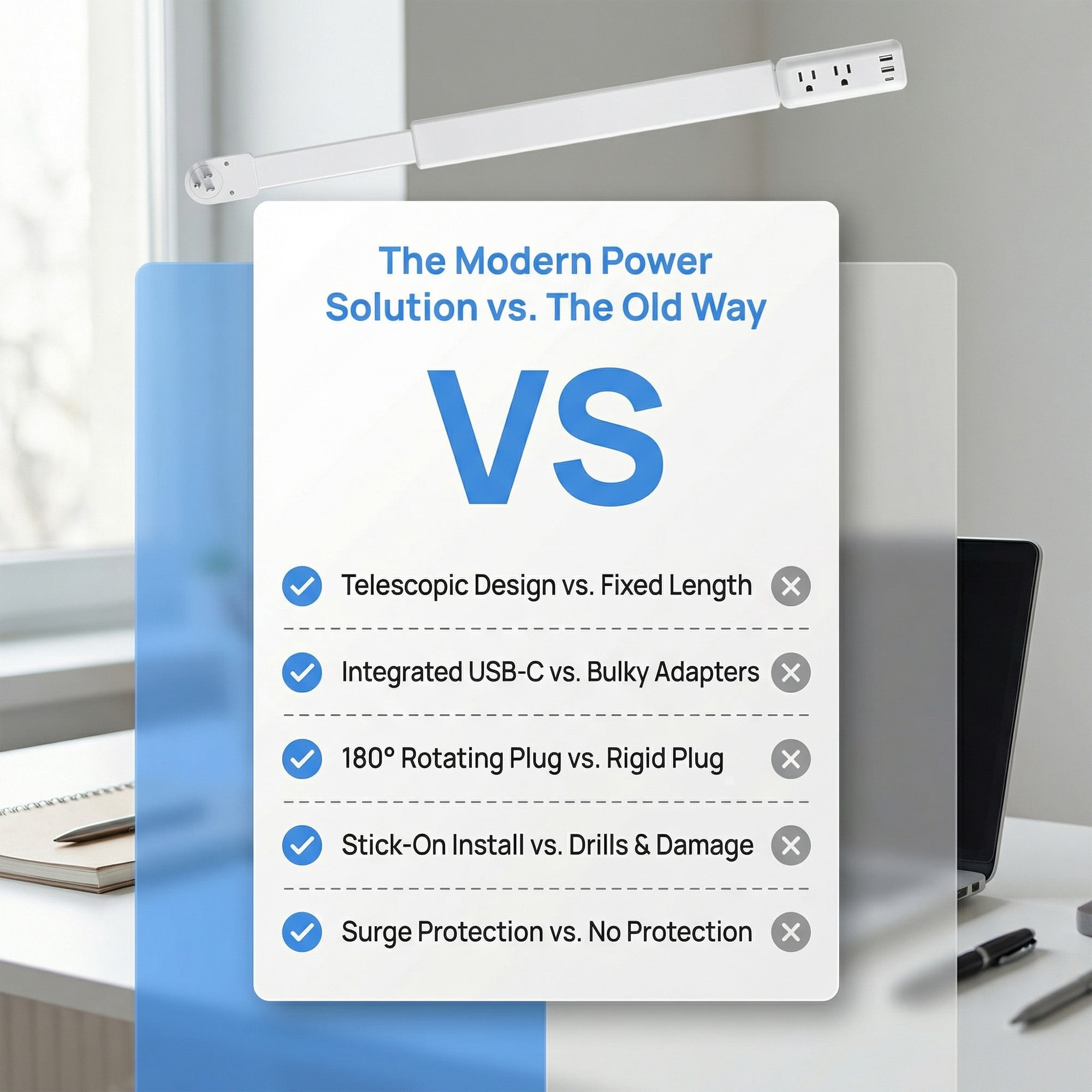Electrical Outlet Extender Stick with 2 USB-C, 1 USB-A, and 2 AC Outlets – Adjustable 22"-34", No Assembly, Perfect for Sofas, Nightstands, and Desks