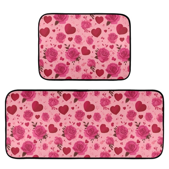 2-Piece Kitchen Mat Set Non Slip Washable Floor Mats Decorative Rugs for Kitchen Sink Laundry Red Valentine's Day Pattern