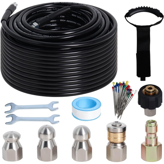 5800PSI Sewer Jetting Kit for Pressure Washer, 100FT Drain Cleaner Hose with 1/4 Inch NPT Corner, 4 Jetting Nozzles, Handle Strap, Spanners, and Accessories (Blue)