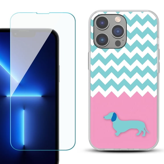 Slim-Fit Gel TPU Phone Case for iPhone 14 Pro Max, with Tempered Glass Screen Protector, by OneToughShield ® - Chevron/Dachshund/Puppy