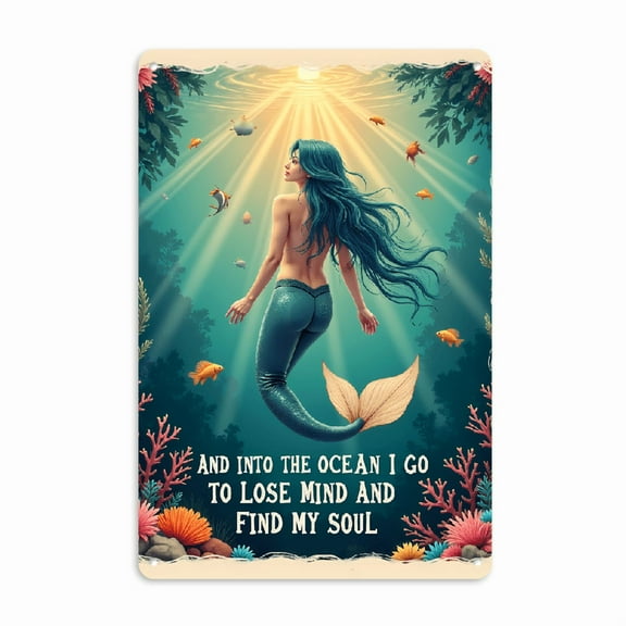Wllo0ord Vintage Mermaid Metal Tin Sign Wall Art - 8x12 Inch Rustic Ocean-Themed Decor with Inspirational Quote, Weather-Resistant Indoor_Outdoor Metal Art for Home, Patio, Garden, Beach House