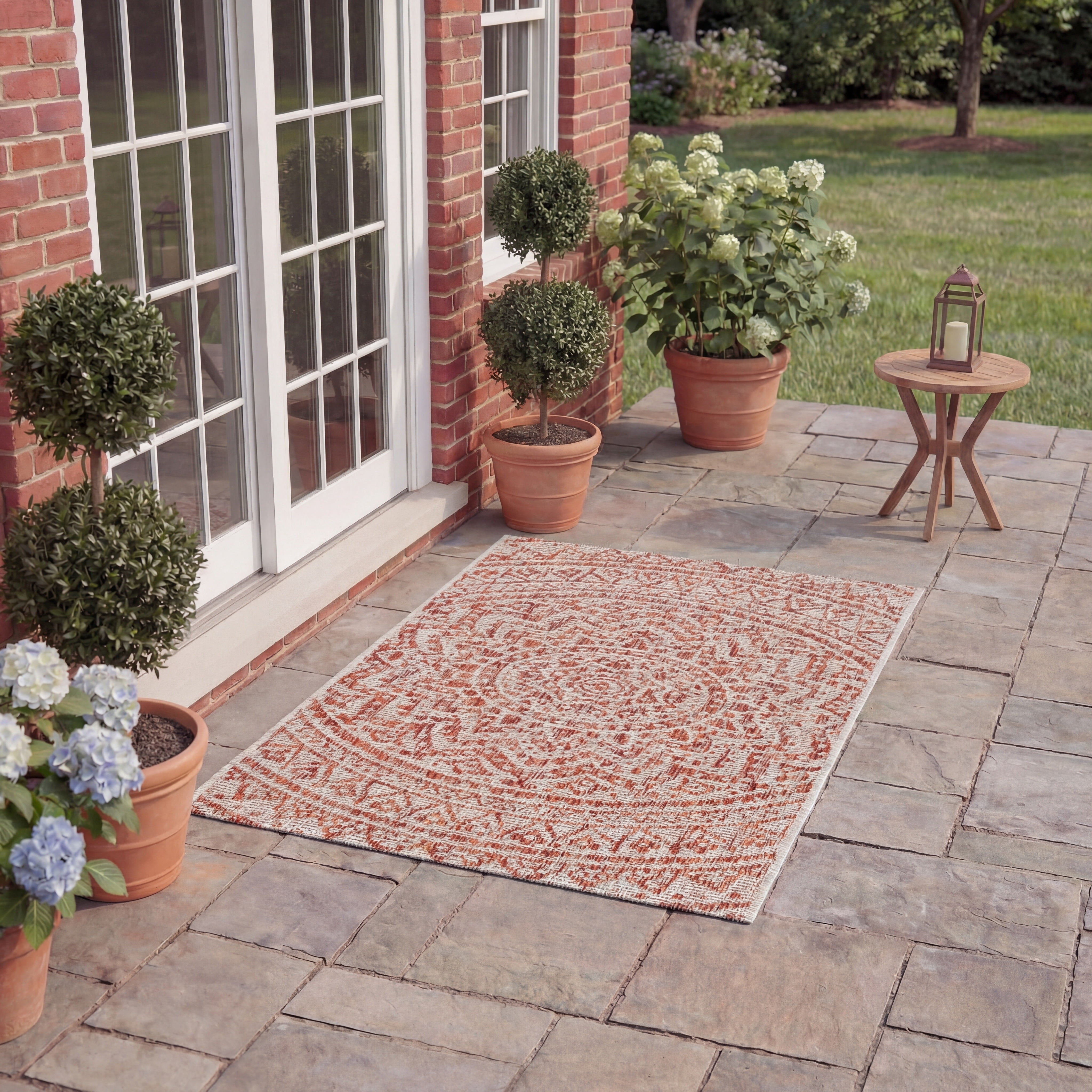 Safavieh Light Beige/Terracotta Floral Medallion Geometric Contemporary Power Loomed Outdoor Rugs, 2' to 5' Round/Square, Water-Resistant