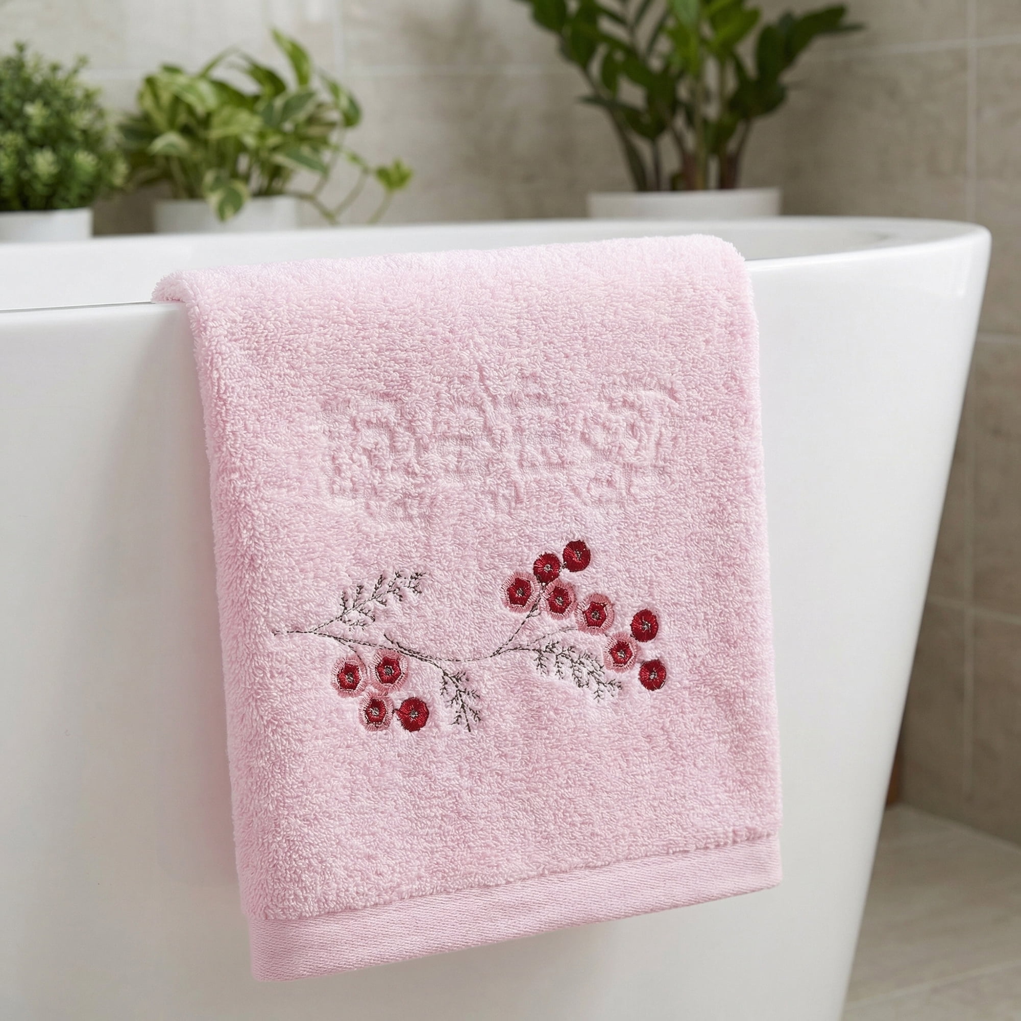 Unique Bargains Soft Absorbent Floral Cotton Hand Towels Pink 29" x 13"