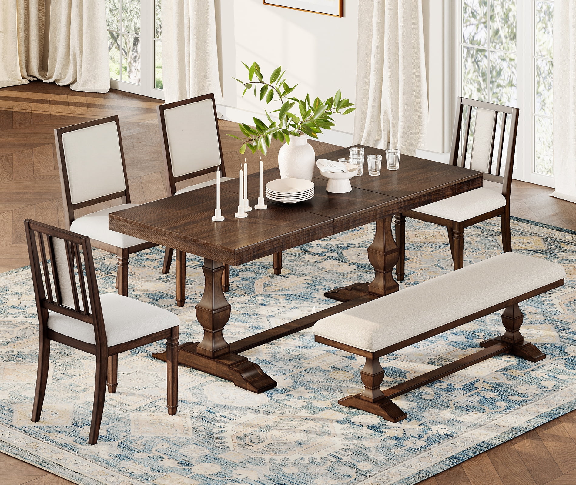 WAMPAT 6-pieces Farmhouse Dinning Table,74.8" Kitchen Table Set with 4 Chairs and Bench for 6-8, Solid Wood Legs and Cushion Seat for Kitchen & Living Room,Dark Brown