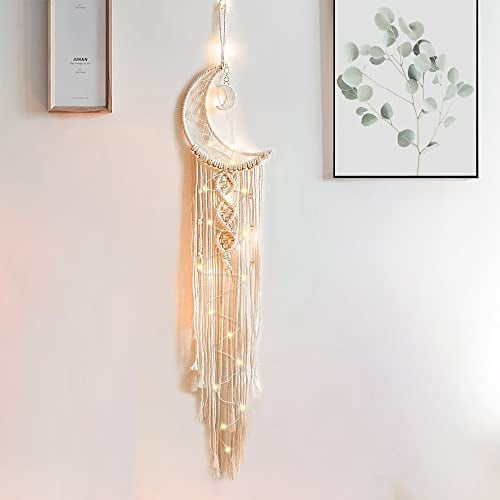 Moon Star Dream Catcher Decor,Macrame Woven Dreamcatcher with Light,Bohemian Wall Hanging Decoration,Bedroom,Home Decoration (Moon White)