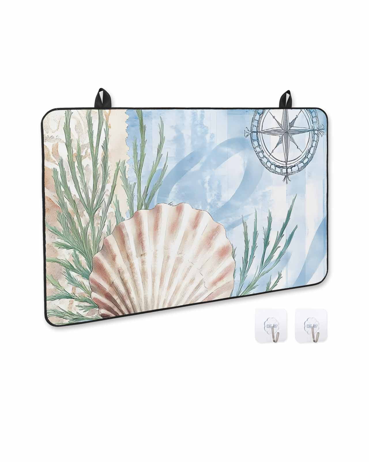 nqOlkjepod Large Induction Cooktop Protector Mat 36"x21", Ocean Nautical Stove Top Covers for Electric Stove, Summer Seaweed Shell Blue Beige Stove Burner Cover Mats, Glass Top Stove Cover