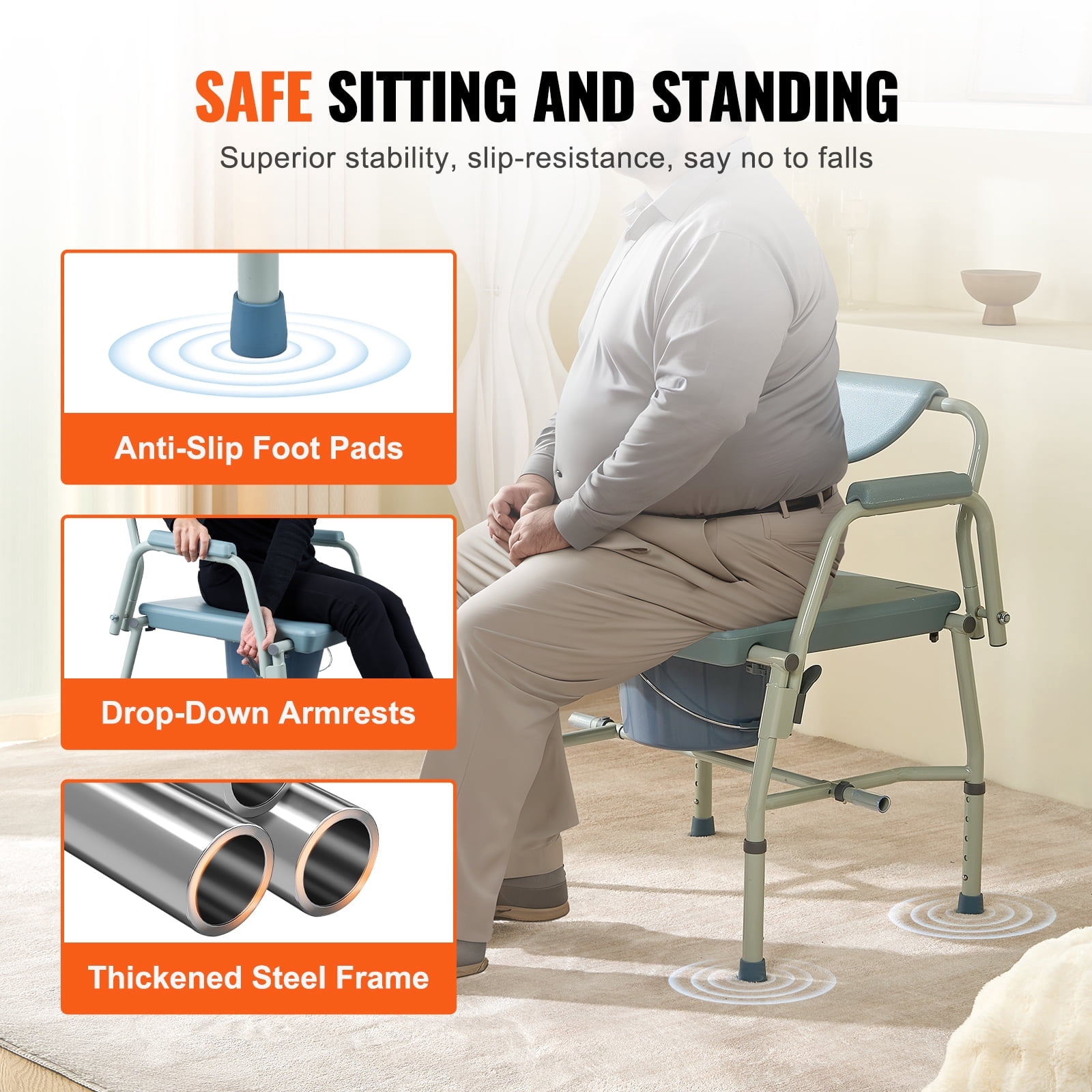 KFFKFF Portable Commode Chair, Adjustable Height with 5 Levels, Drop-Arm Design, Detachable Backrest, 7L Easy-Clean Bucket, Quick Assembly, Supports up to 1000lbs, Ideal for Elderly and Adults