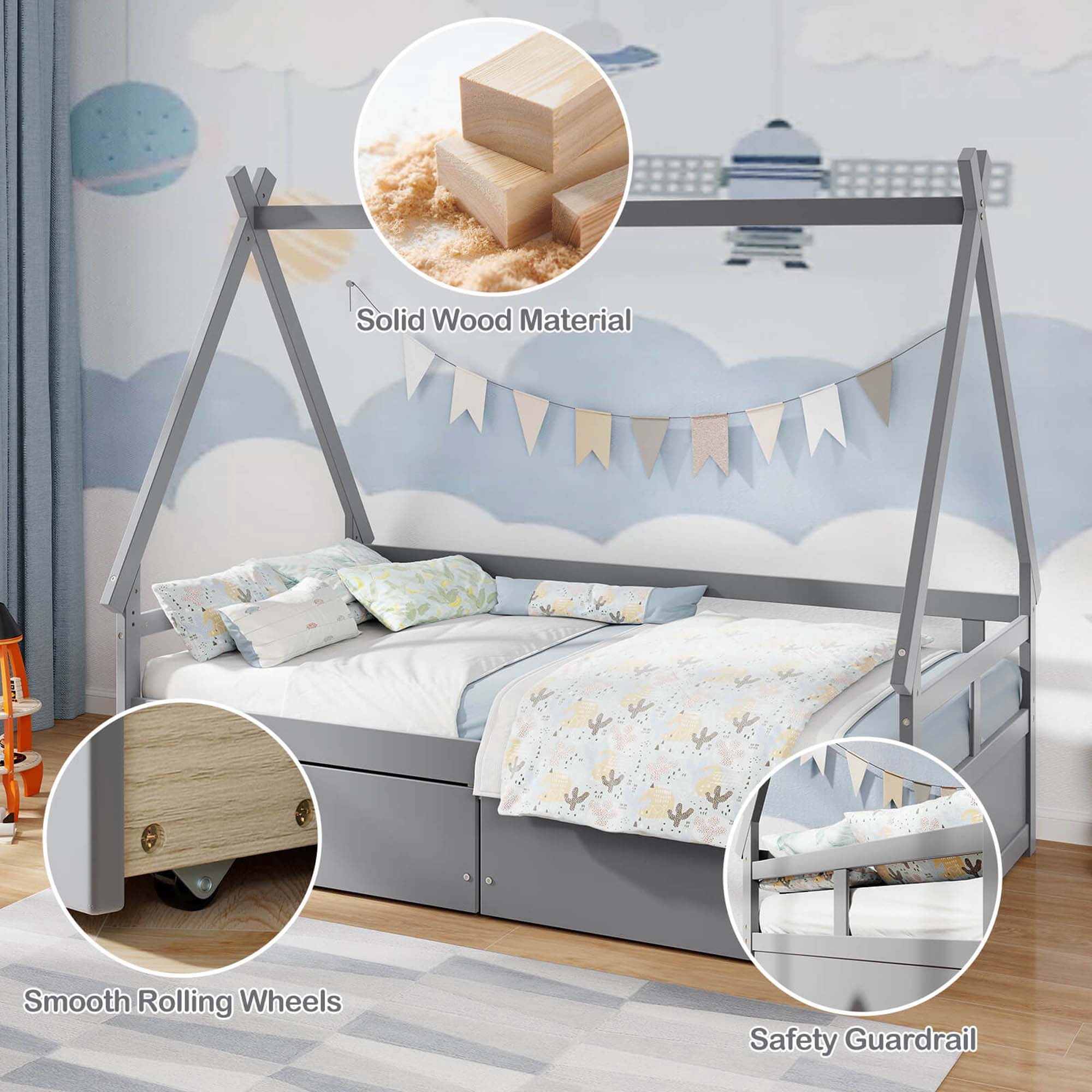 Costway Twin Size House Bed with Roof Safety Guardrail 2 Storage Drawers Wood Slat Support Gray