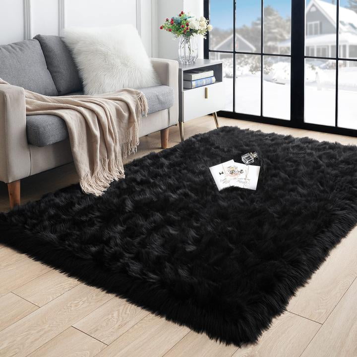 Ghouse Rectangular Black Area Rug 8x10 feet, Thick and Fluffy Faux