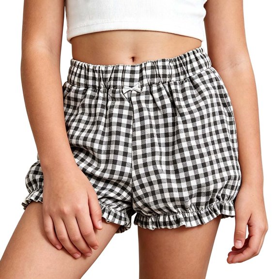 Toddler Girls' Shorts Ruffle Elastic Plaid Shorts Ruffled Bow Cute Loose Play Shorts for Big Kids Summer Casual Shorts with Pockets 3-12 Years