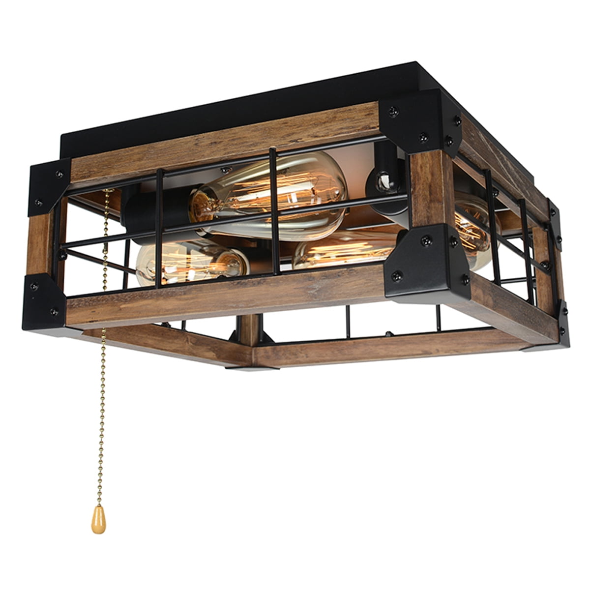Square Farmhouse Pull Chain Flush Mount Lighting, Black Metal and Wood
