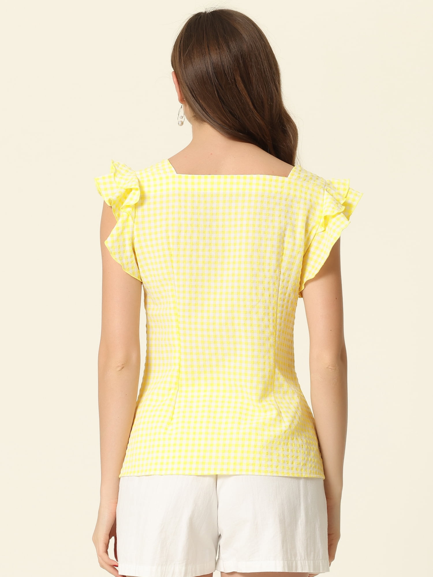 DARING DIVA Square Neck Ruffle Sleeve Blouse XL Yellow