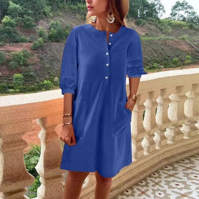 Meichang Robes en Coton et Lin pour Femmes 2024 Décontractées Unies à Col Rond à Demi-Boutonnage Robes à Manches 3/4 Robe Mini Confortable Fluide pour la Plage et les Vacances avec Poches Bleu P