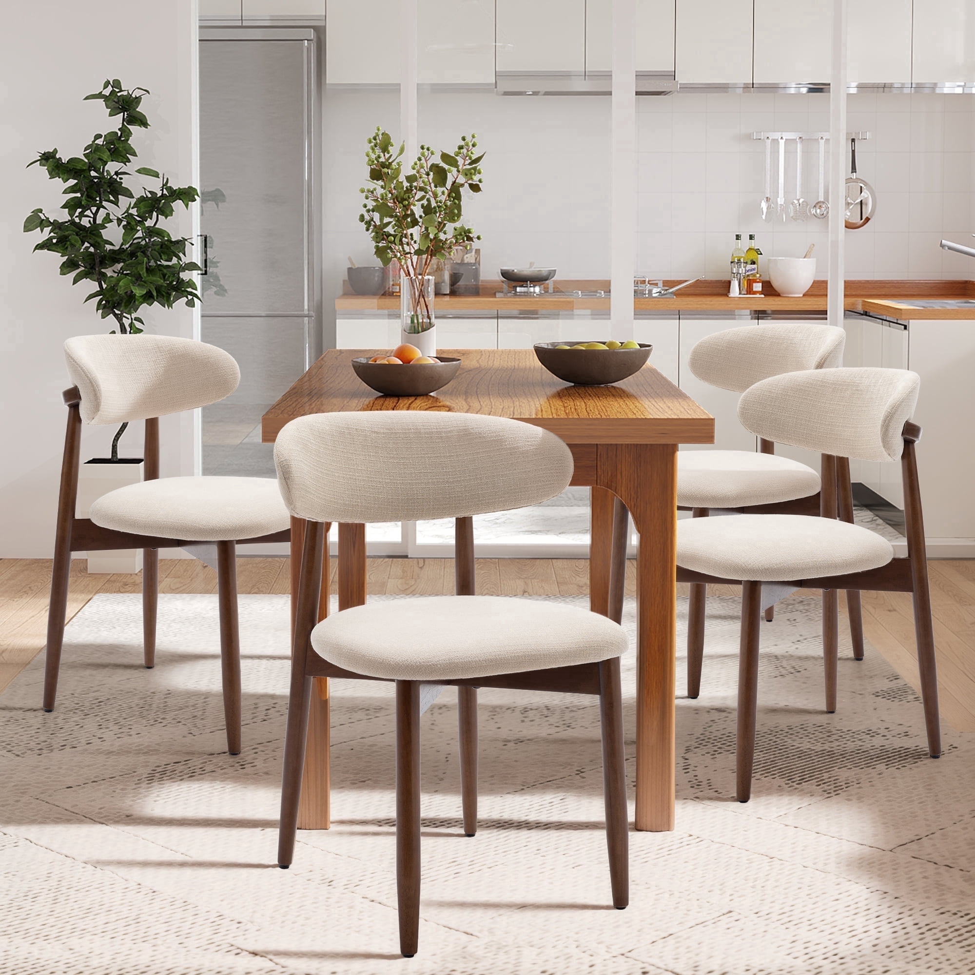 Set of 4 Upholstered Modern Dining Chair, Wooden Kitchen Side Chair for Dining Room and Café, Beige