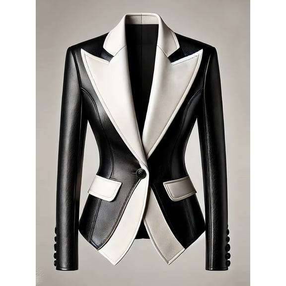 Formal Colorblock Blazer for Women Turn down Collar PU Leather Blazer Single Button Slim Outerwear Autumn Office Lady Short Coat
