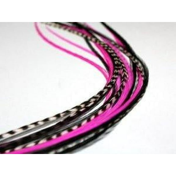 Sexy Sparkles Real Feather Hair Extension, Hot Pink, Grizzly, Solid Black Remix, Quality Salon Feathers Hair Extension - 5 Feathers 6-10"