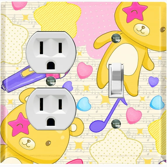 Metal Light Switch Wall Plate Outlet Cover (Yellow Teddy Bear Karaoke Hearts Music Bow - Single Duplex Single Toggle)