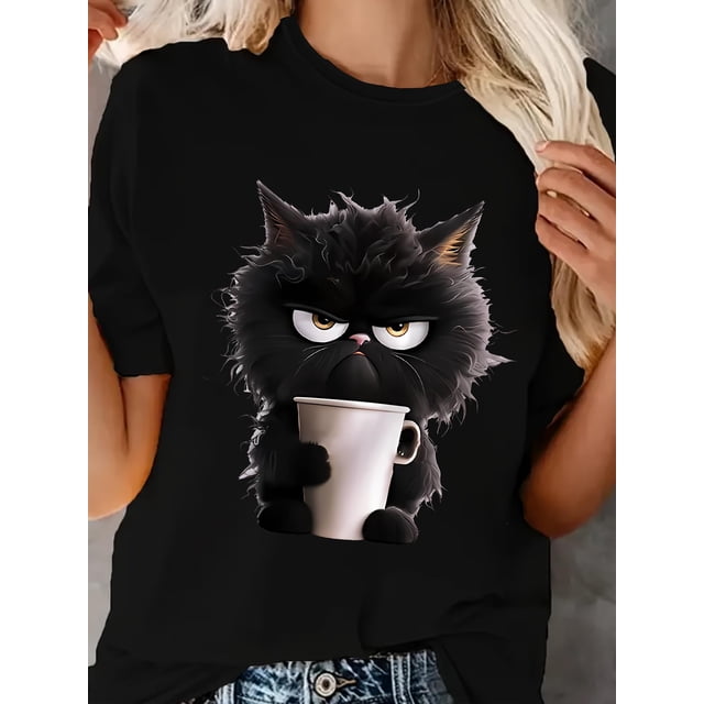 Women's Casual Sporty T-Shirt, Black Cat Print, Comfort Fit Short Sleeve , Fashion Breathable Casual Top Tee For Adult, Men, Women, Teen, Teenager, Adolescent, Youth