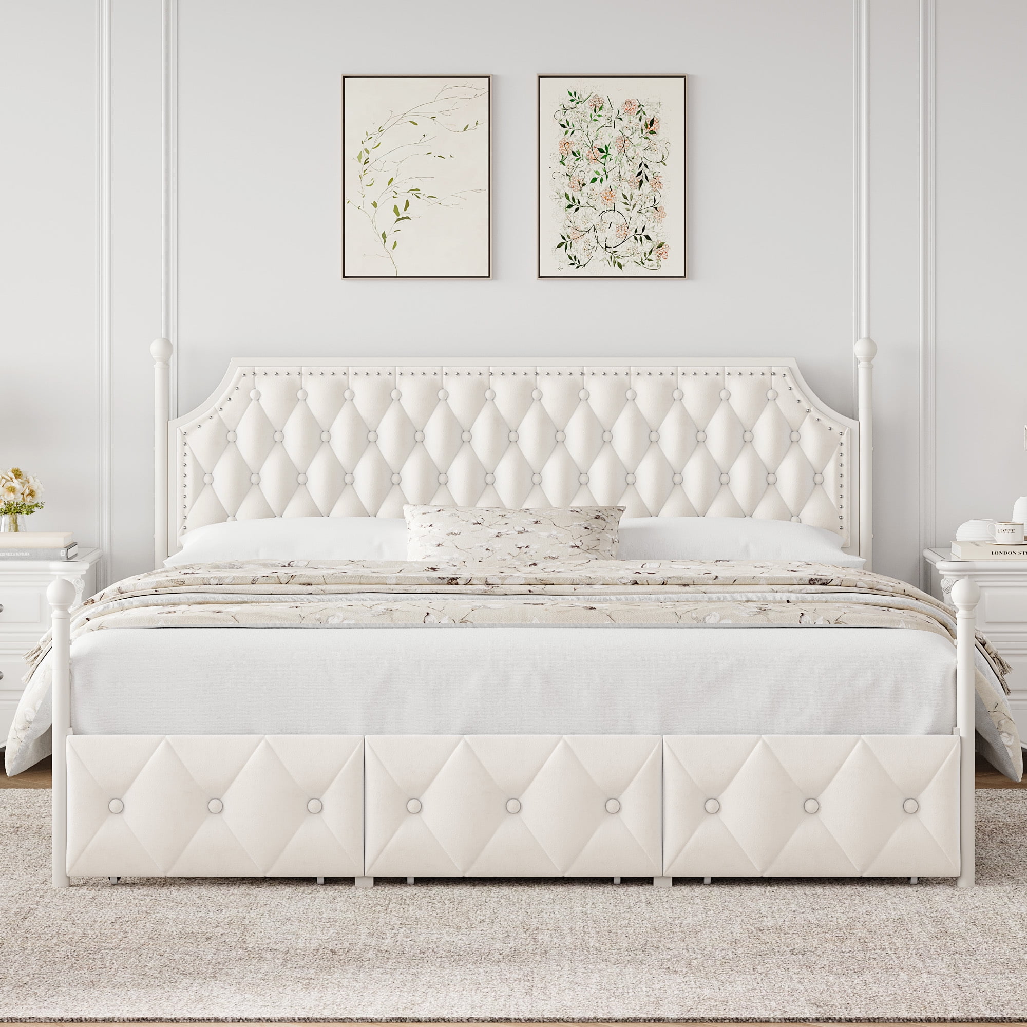 Homfa King Size Removable Canopy Bed Frame, 3 Storage Drawers Metal Platform Bed with Button Tufted Upholstered Headboard, Canopy Bed Curtain Not Included, Beige