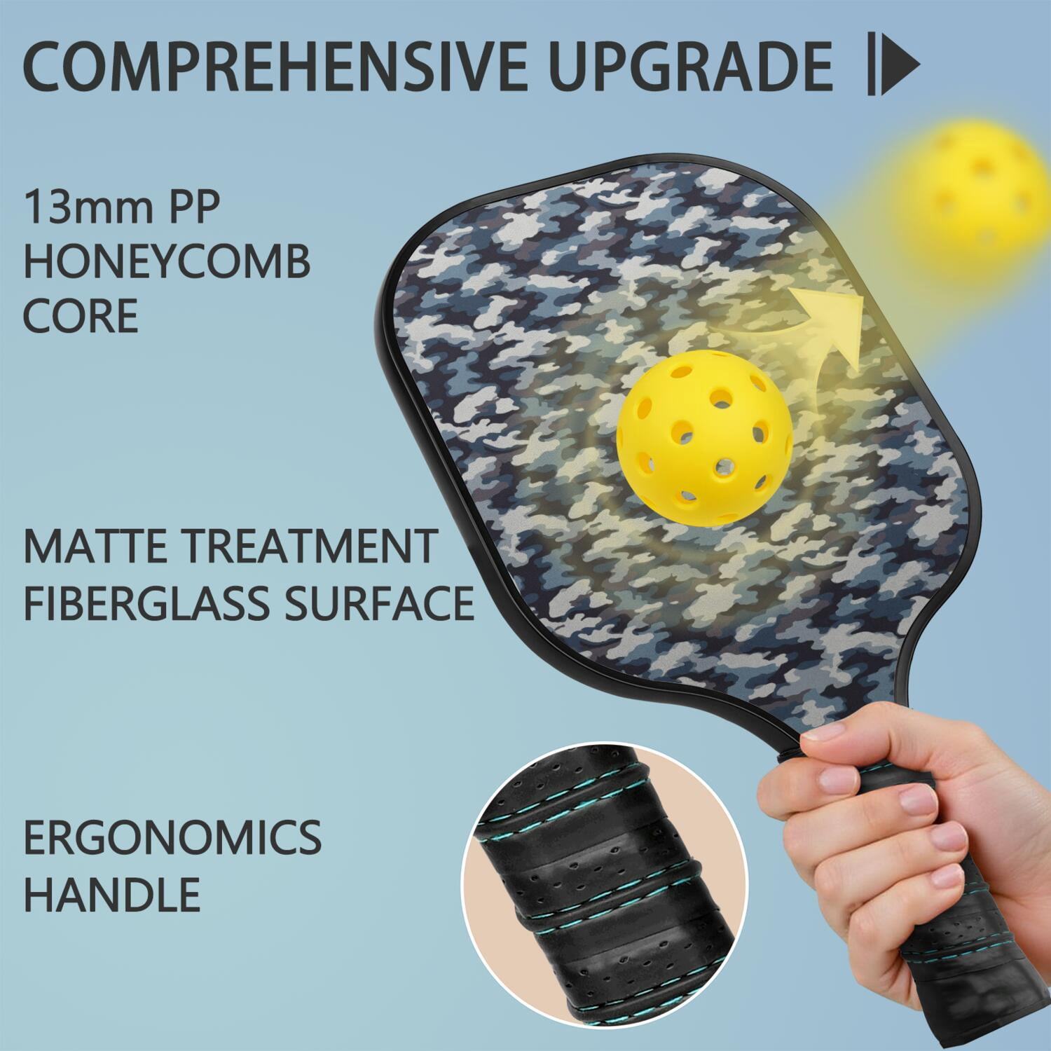 Pickleball Paddles Set Of 1, Fiberglass Surface, Camouflage Print, 1 Paddle, 2 Balls & Bag