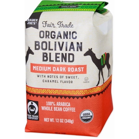 Trader Joe's Fair Trade Organic Bolivian Blend 100% Arabica Whole Bean Medium Dark Roast Coffee, 12 oz