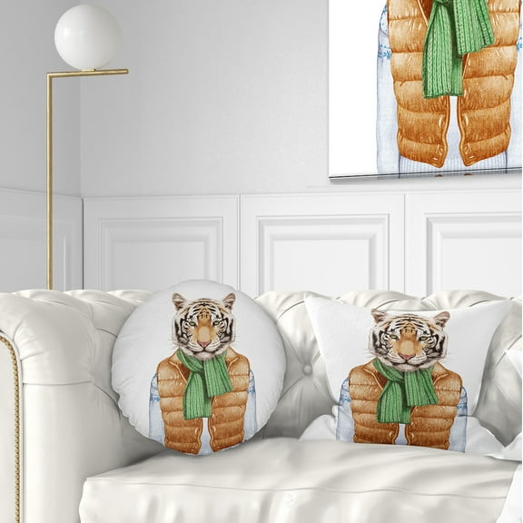 Designart Tiger in Vest and Sweater - Contemporary Animal Throw Pillow - 12x20
