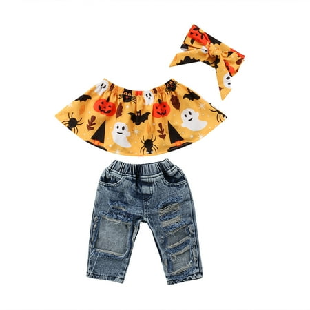 

Toddler Kid Baby Girls Off Shoulder Pumpkin Horror Top Denim Pant Children Outfit Clothes
