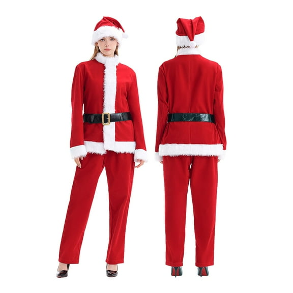 Santa Suit for Women Adult Santa Suit with Top Pants Hat Belt 4 Pcs Set Women Christmas Suits Party Suit