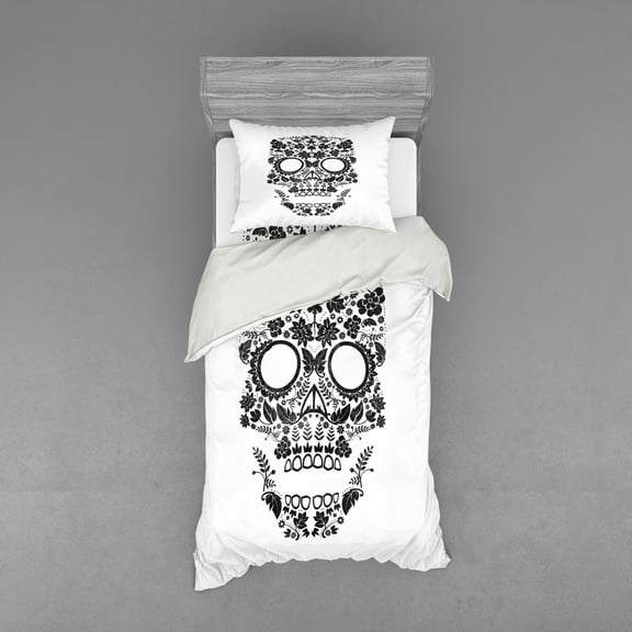 Ambesonne Sugar Skull Bedding Set 3 Pcs, Latin Tradition Art, Twin XL, White and Black