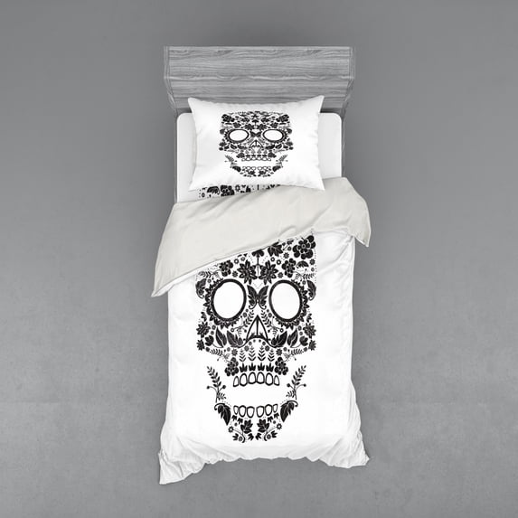 Ambesonne Sugar Skull Bedding Set 3 Pcs, Latin Tradition Art, Twin, White and Black