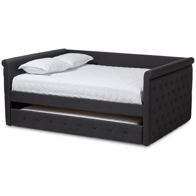 Allora Scrolled Arm Fabric Tufted Queen Daybed with Trundle in Gray