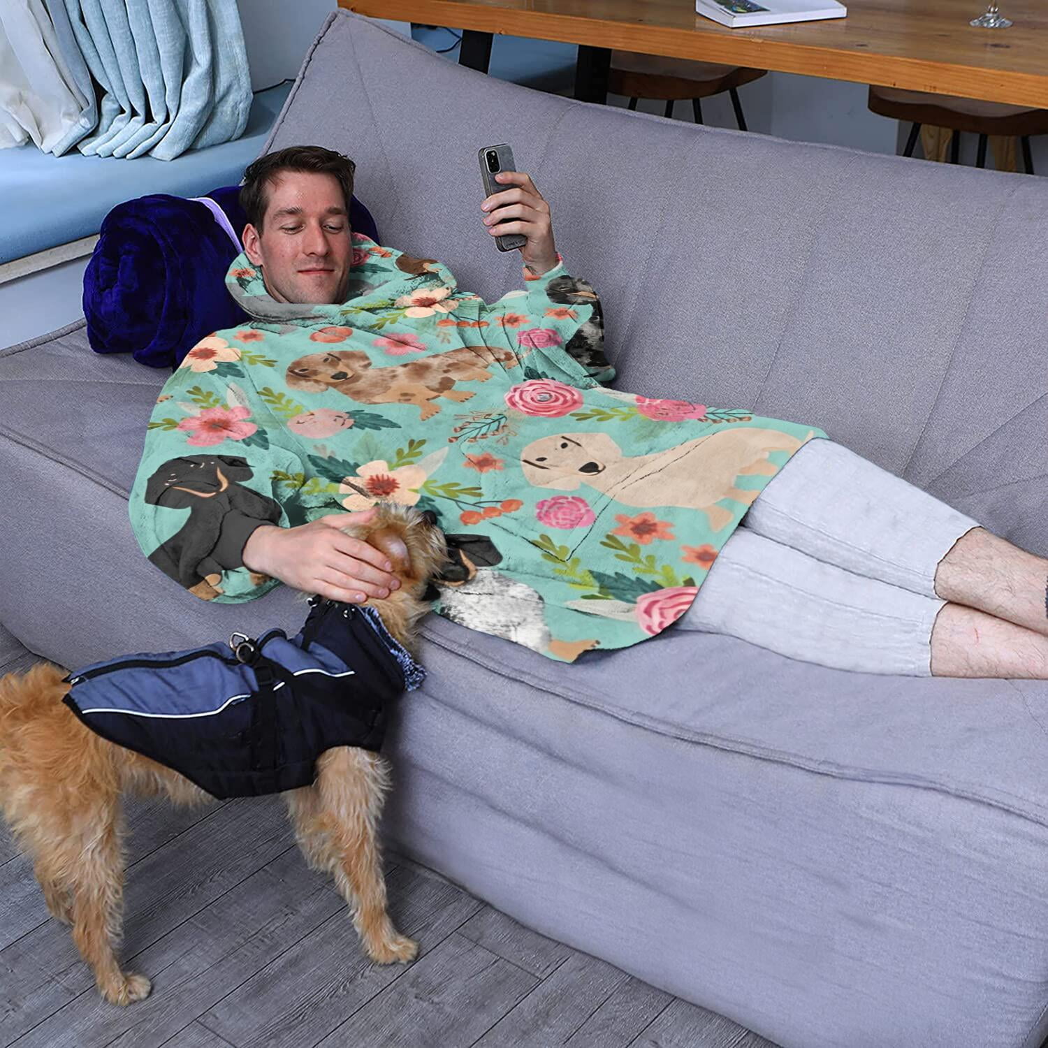 Dachshund and Flower Wearable Oversized Blanket,Wearable Blanket Hoodie for Adults,Cozy Hooded Blankets with Super Pockets,Super Warm Fuzzy Pullover for Women & Men