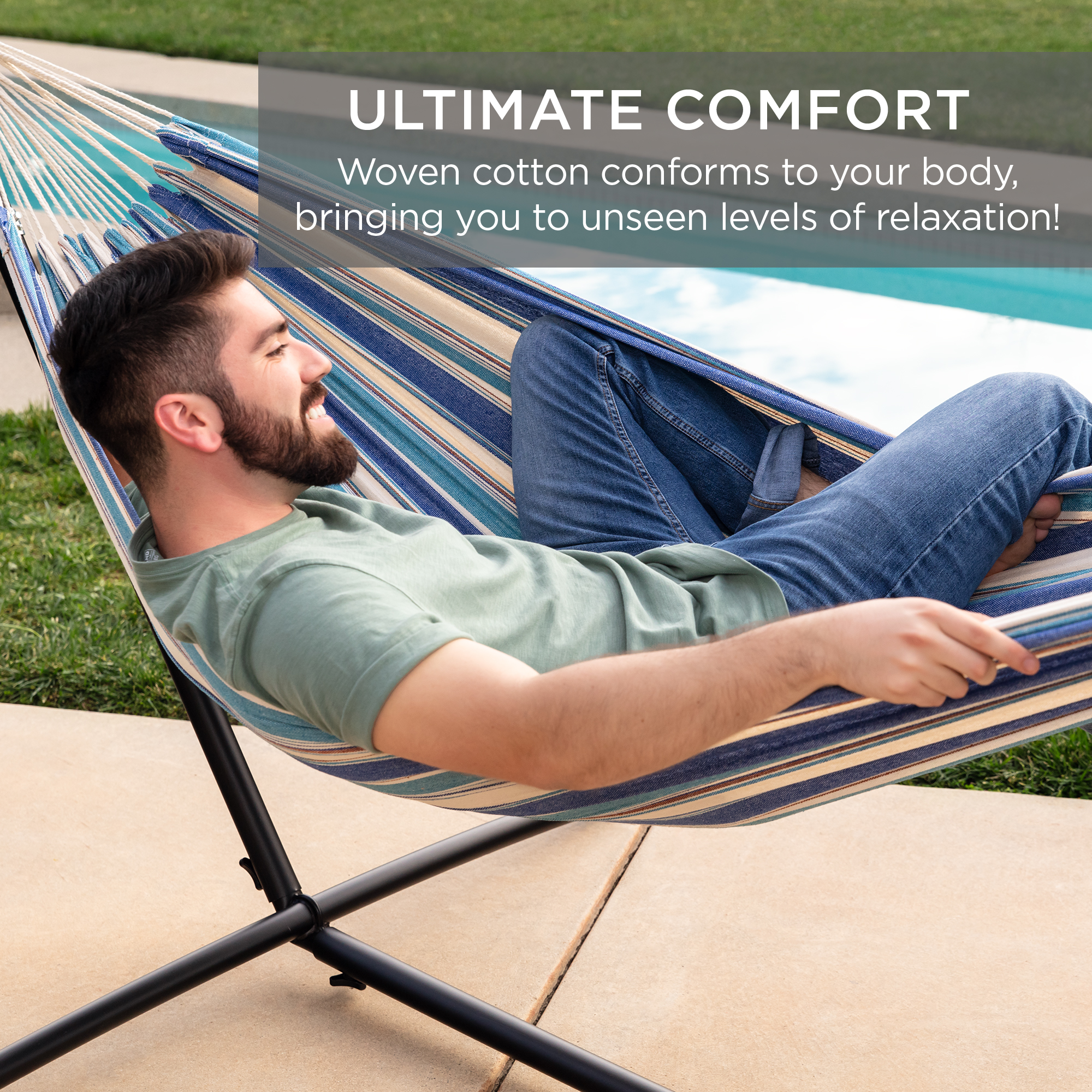 Best Choice Products 2-Person Brazilian-Style Cotton Double Hammock with Stand Set w/ Carrying Bag - Ocean - image 4 of 7