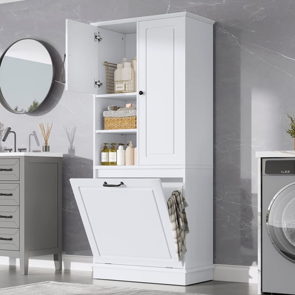 Bathroom Storage Cabinet Tall Storage Cabinet with Adjustable Shelves, Large Flip-Out Basket & Enclosed Cabinets – Perfect for Bathroom, Living Room, or Office, MDF Material with Aluminum Alloy Handl
