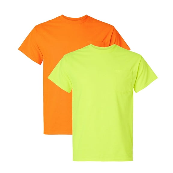 Gildan Short Sleeve Pocket T-Shirt, Men’s High Visibility Ultra Cotton Work Safety Orange & Green Tee, 2 Pack, S